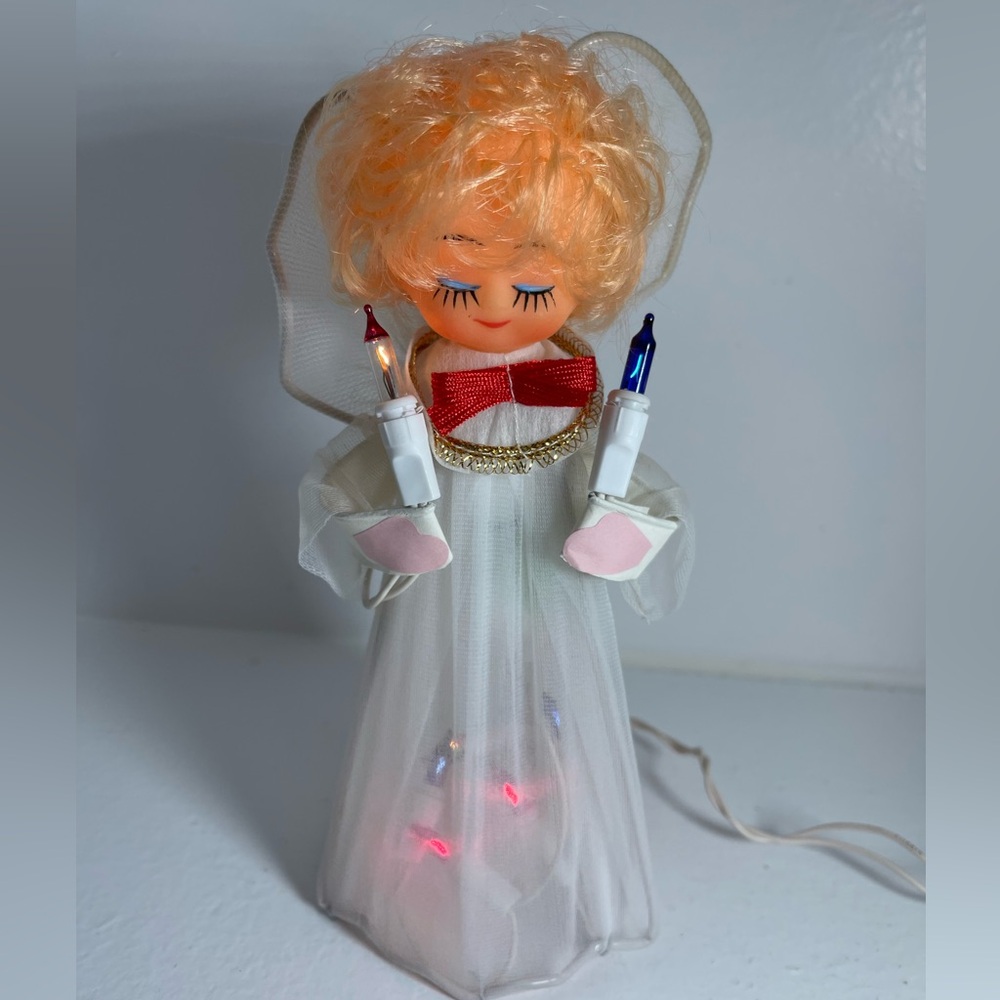 Vintage mesh blond doll head angel light up Christmas tree topper‎ 1970s kitschy